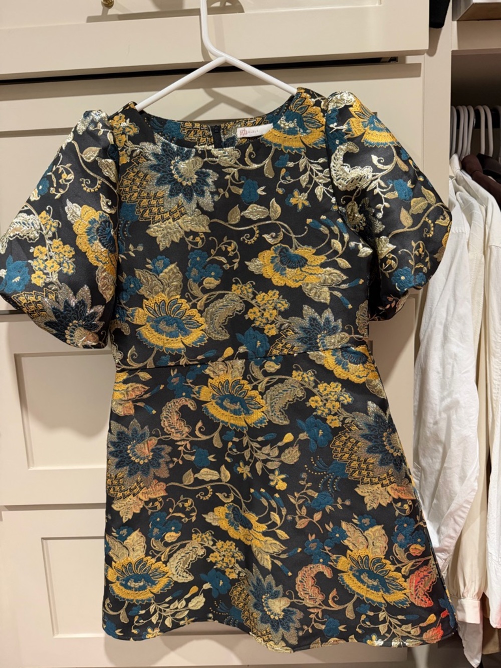 GB girls Black Floral Brocade Formal Dress with Gold and Teal Accents